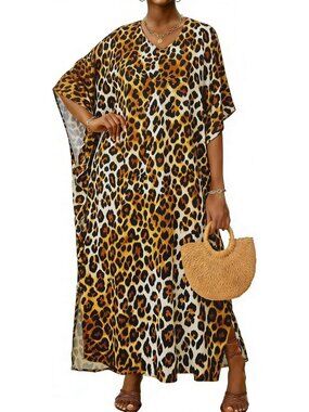 Women's Leapord Plus Size V Neck Caftan Long Batwing Sleeve Swimsuit Cover Up